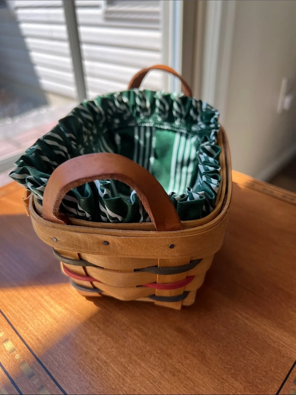 Longaberger  Woven Basket with Green Striped Liner Vintage 1998 Glad Tidings